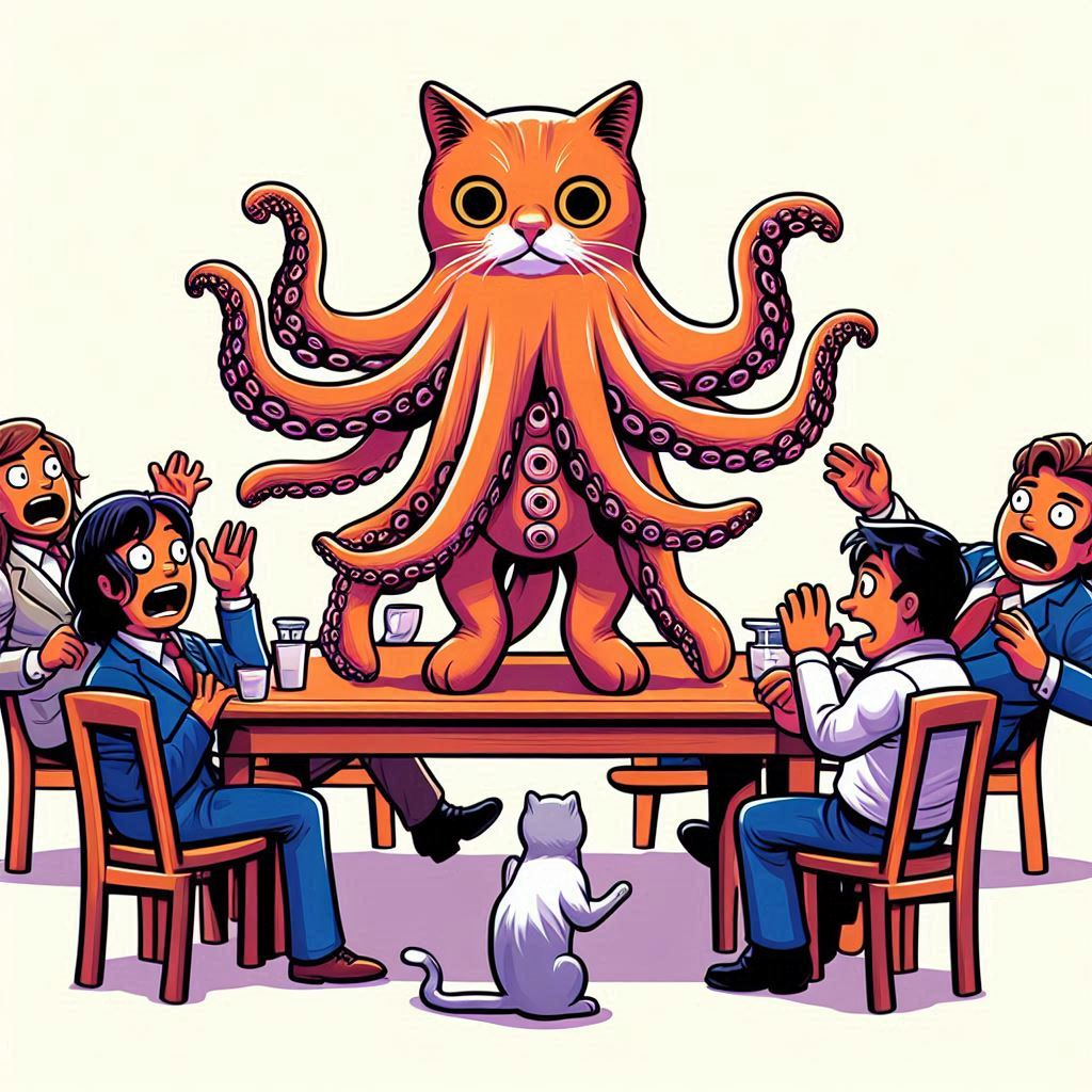 An octopus cat hybrid freaking out a table of people